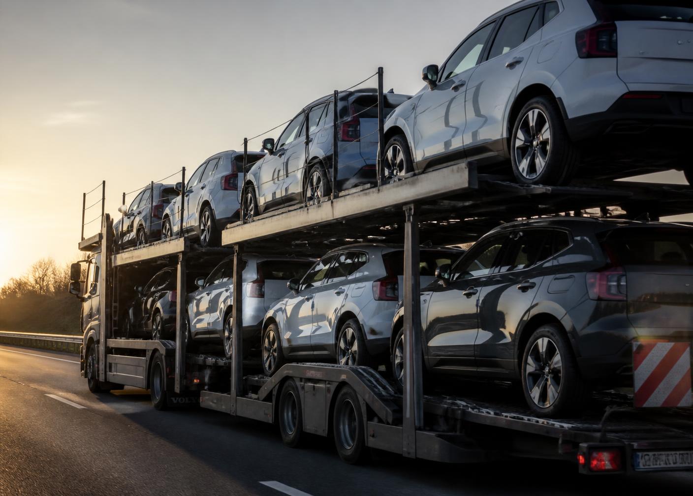 Autotransporter mit Fahrzeugen auf einer europäischen Autobahn